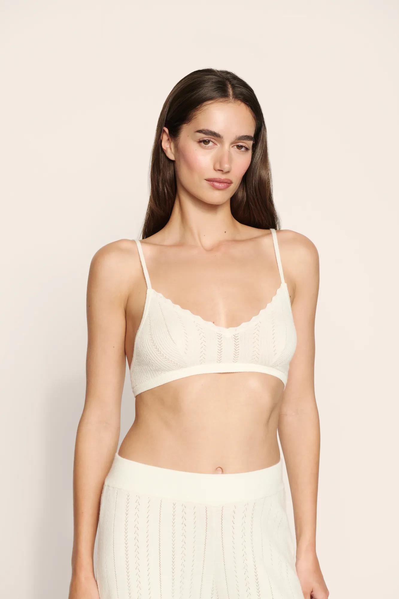 Model is wearing Pointelle Sweater Bralette  in  Ivory