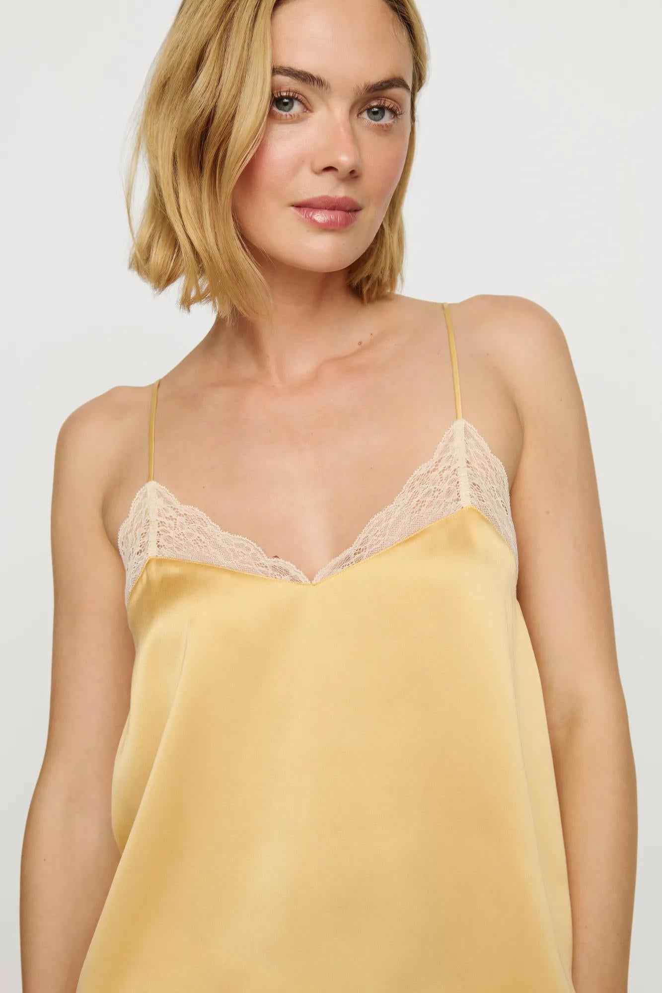 Model is wearing Washable Silk Lace Cami & Short Set in Sunbeam/Champagne
