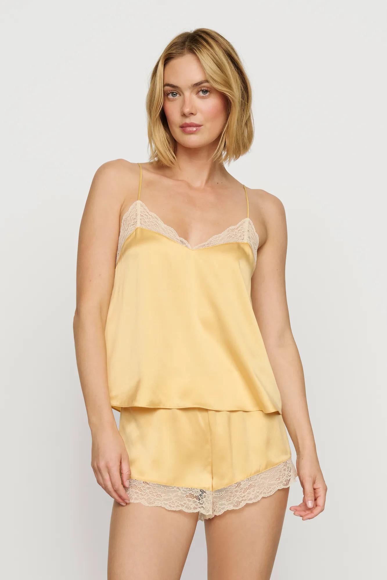 Model is wearing Washable Silk Lace Cami & Short Set in Sunbeam/Champagne