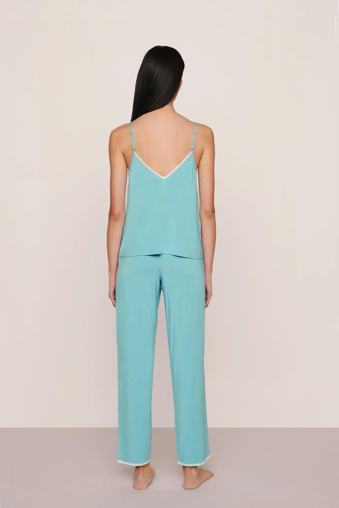 Model is wearing Frida TENCEL™ Modal Cami & Pant PJ Set  in Blue Lagoon/Ivory