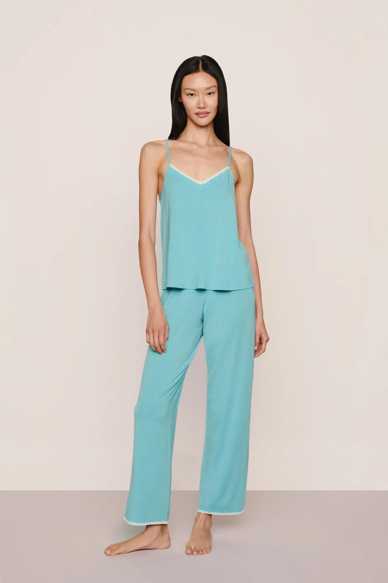 Model is wearing Frida TENCEL™ Modal Cami & Pant PJ Set  in Blue Lagoon/Ivory