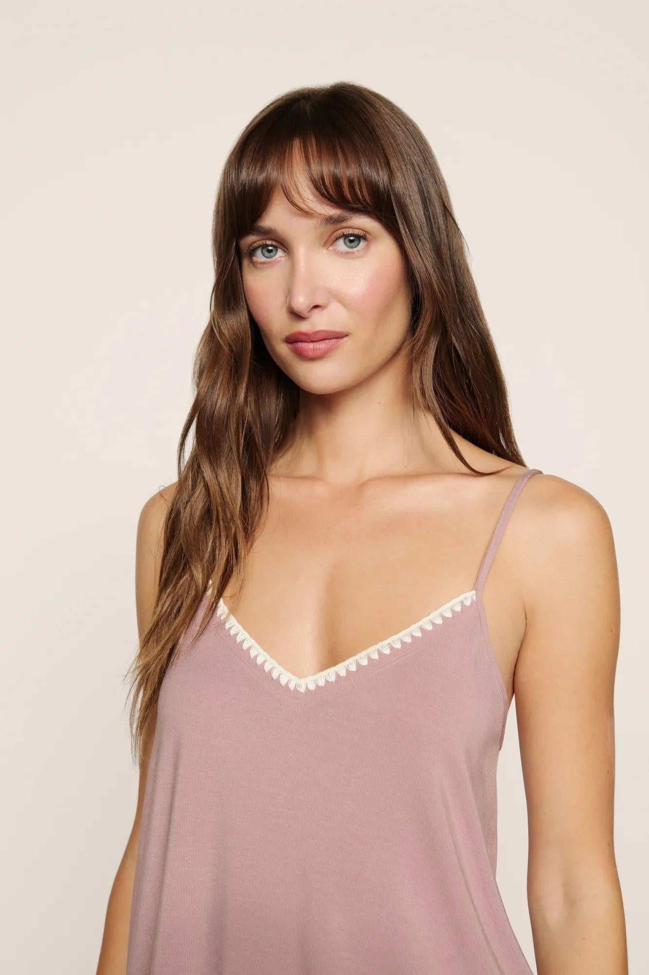 Model is wearing Frida TENCEL™ Modal Cami & Pant PJ Set in Woodrose/Ivory