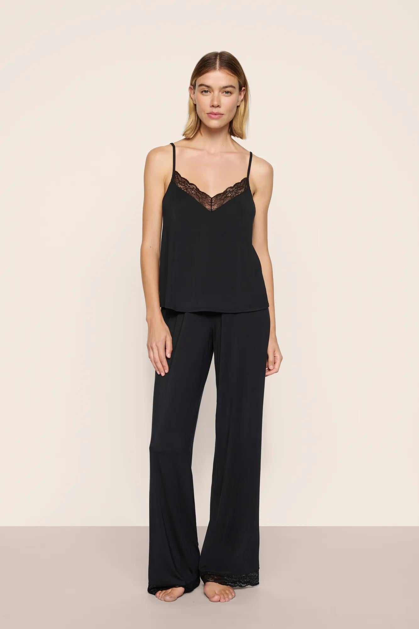 Model is wearing Kari Cami & Pant PJ Set in Black