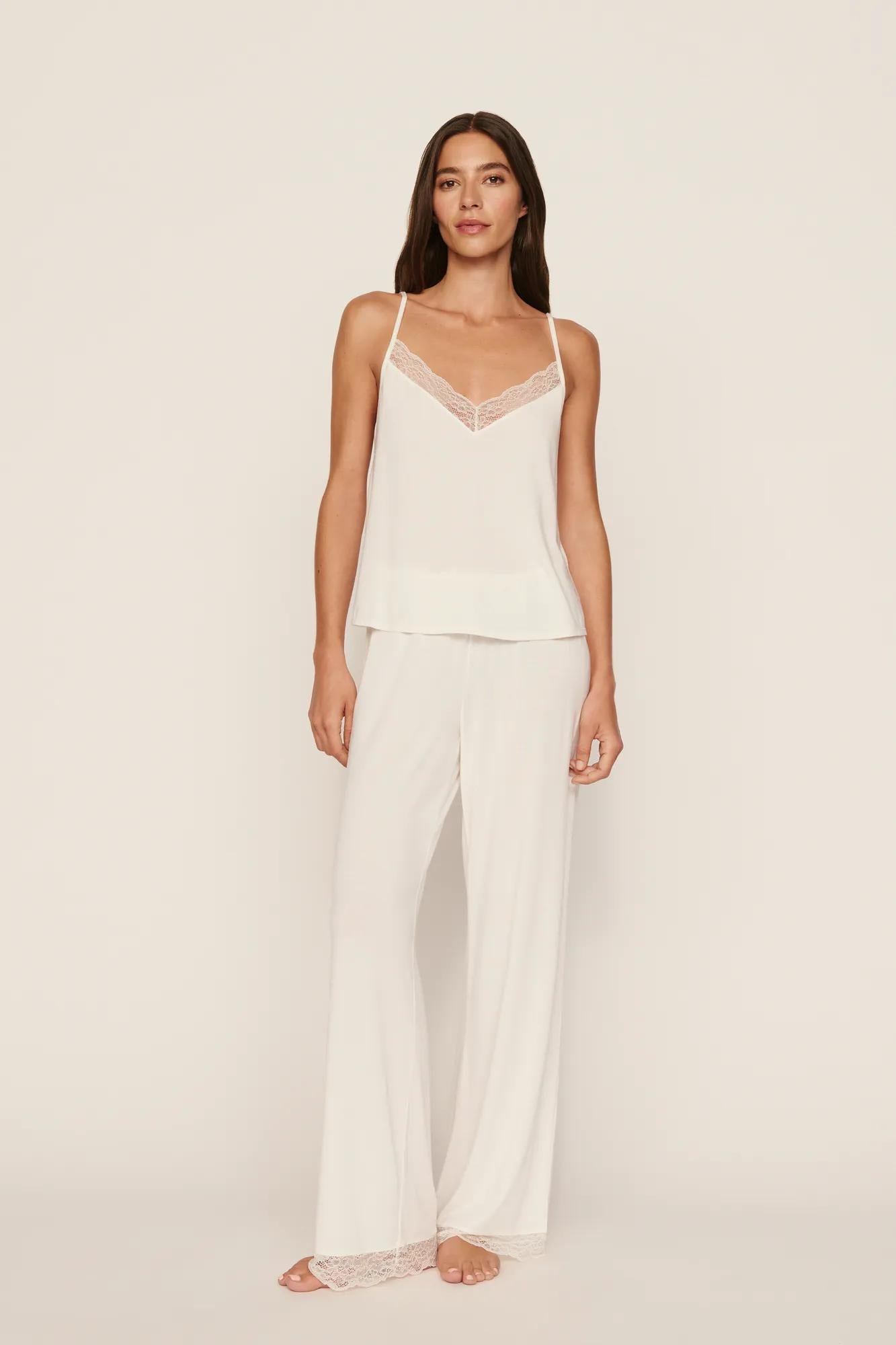 Model is wearing Kari Cami & Pant PJ Set in Ivory