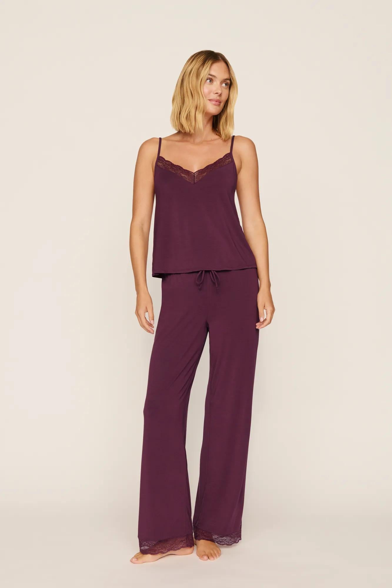 Model is wearing Kari Cami & Pant PJ Set in Wildberry
