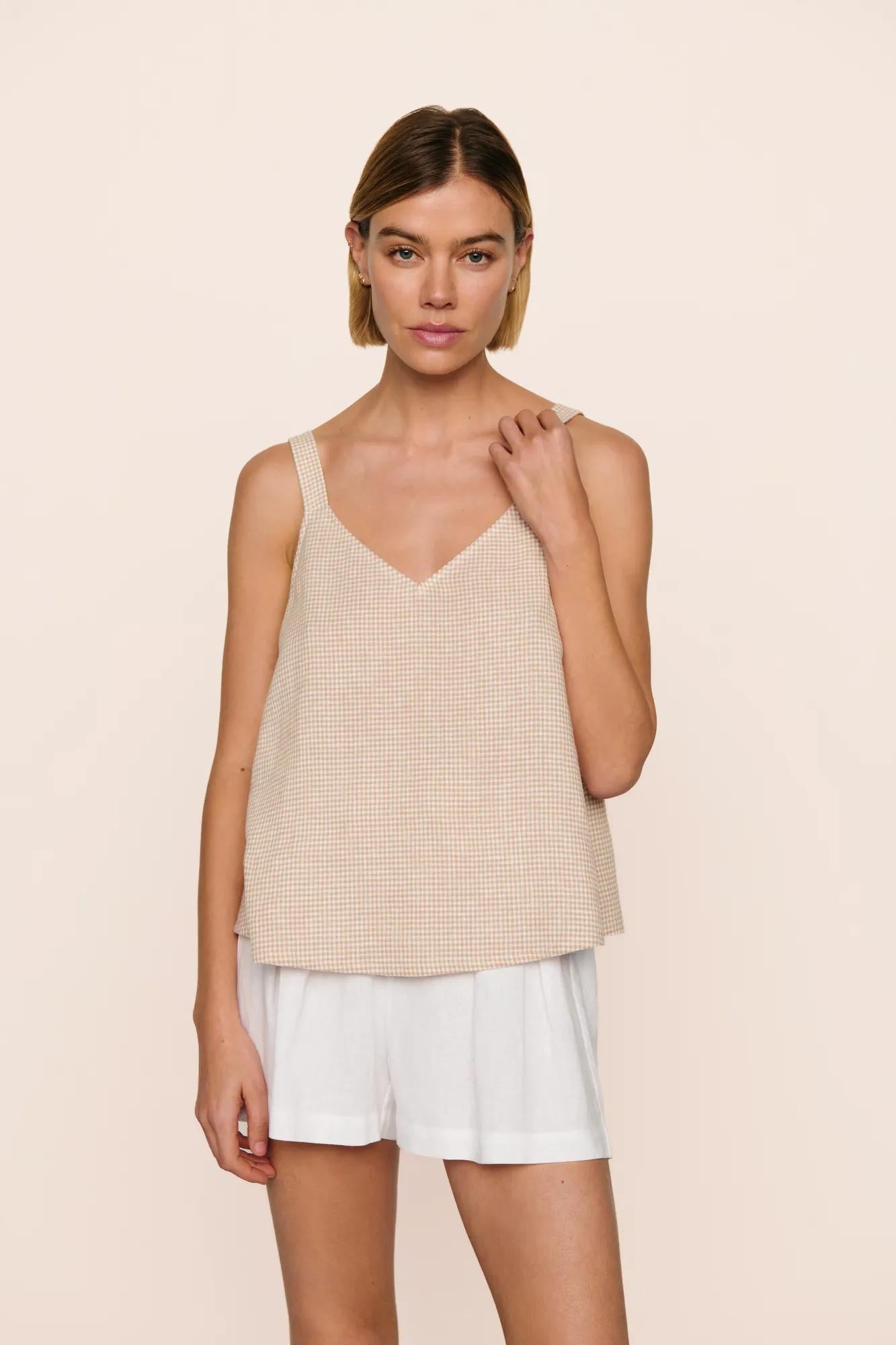 Model is wearing Linen Blend V Neck Cami in Gingham White/Warm Taupe