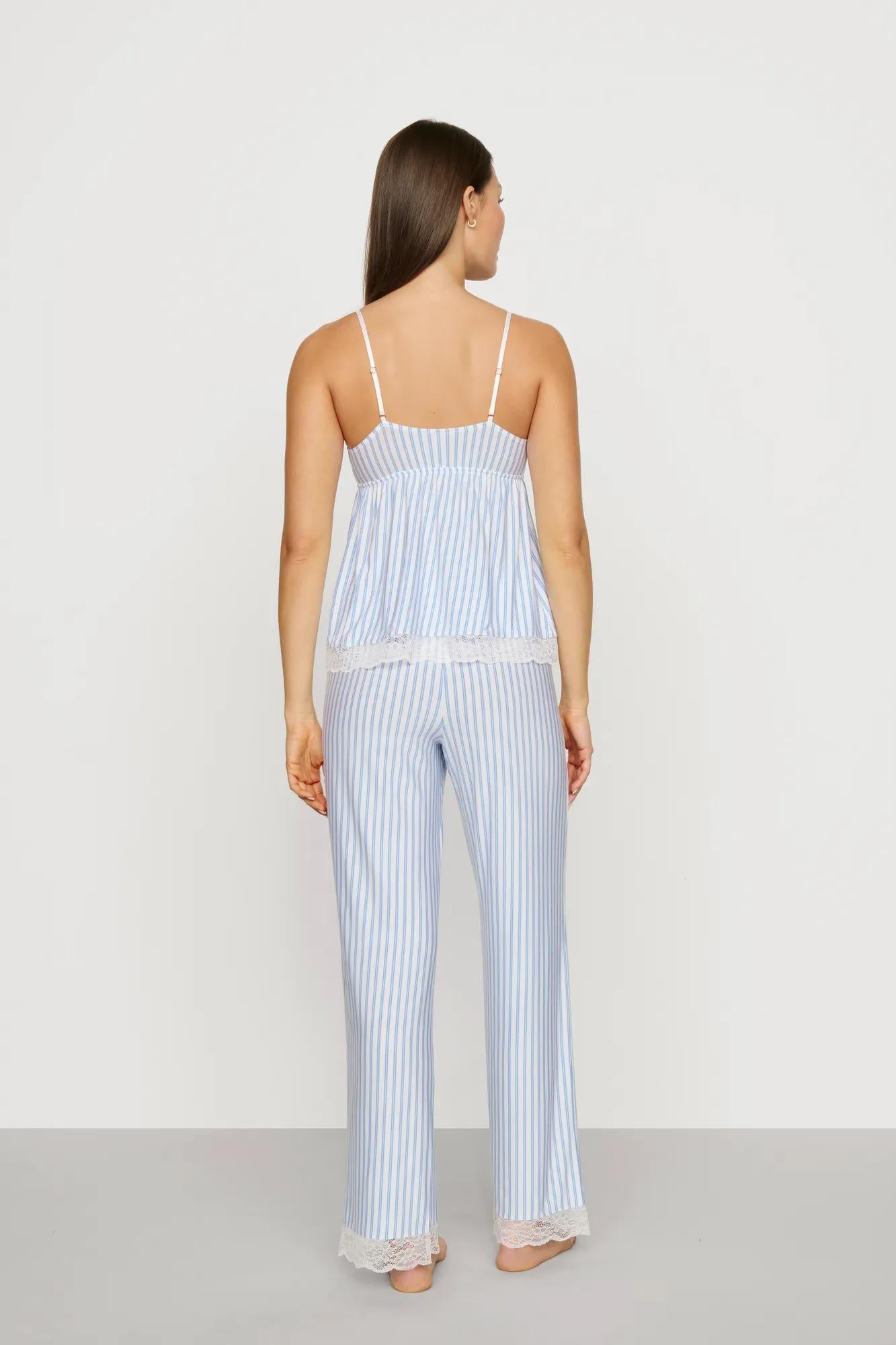 Model is wearing Isla TENCEL™ Modal Cami & Straight Leg Pant PJ Set in Regatta Stripe Summer Blue/Whi