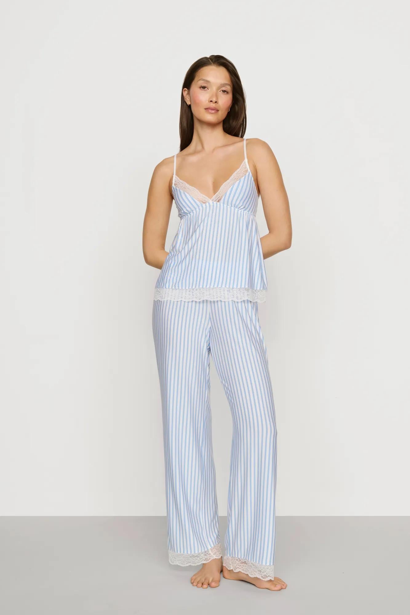 Model is wearing Isla TENCEL™ Modal Cami & Straight Leg Pant PJ Set in Regatta Stripe Summer Blue/Whi