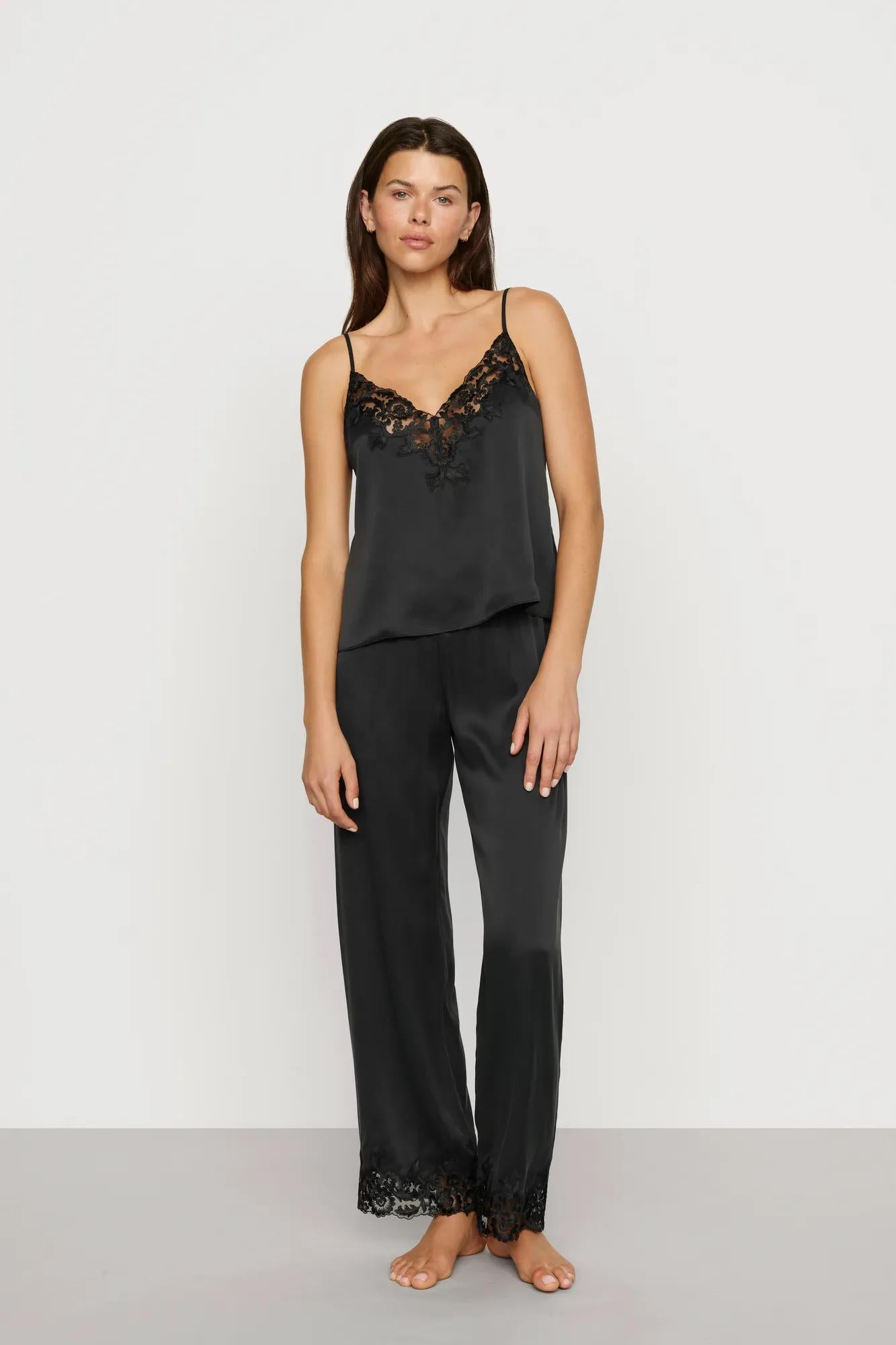 Model is wearing Washable Silk with Lace Embroidery Cami & Pant PJ Set in Black