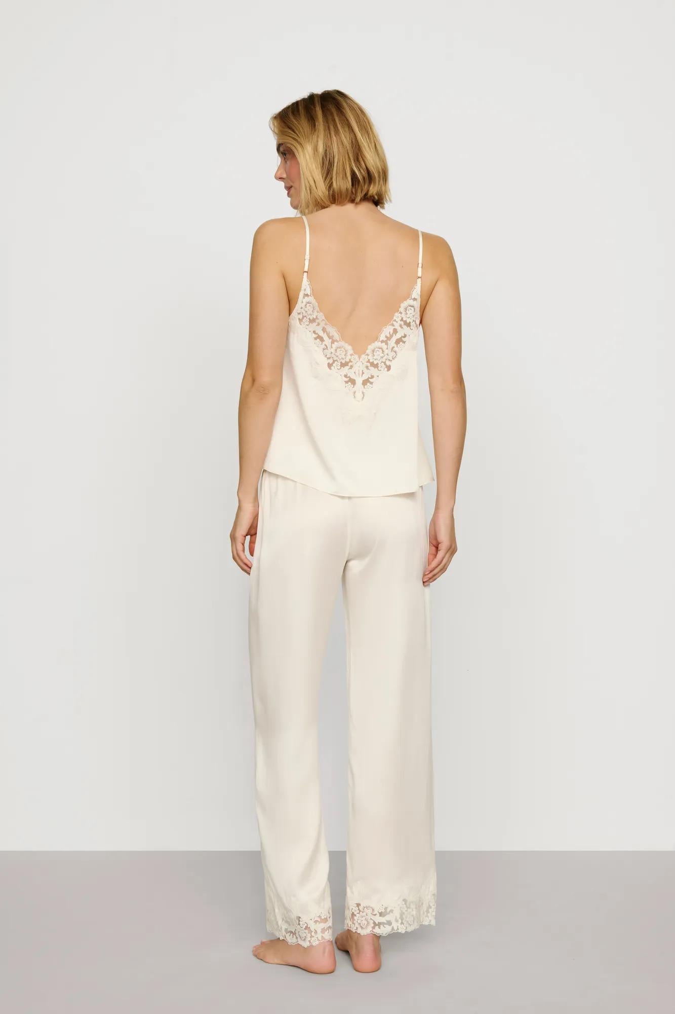 Model is wearing Washable Silk with Lace Embroidery Cami & Pant PJ Set in Ivory