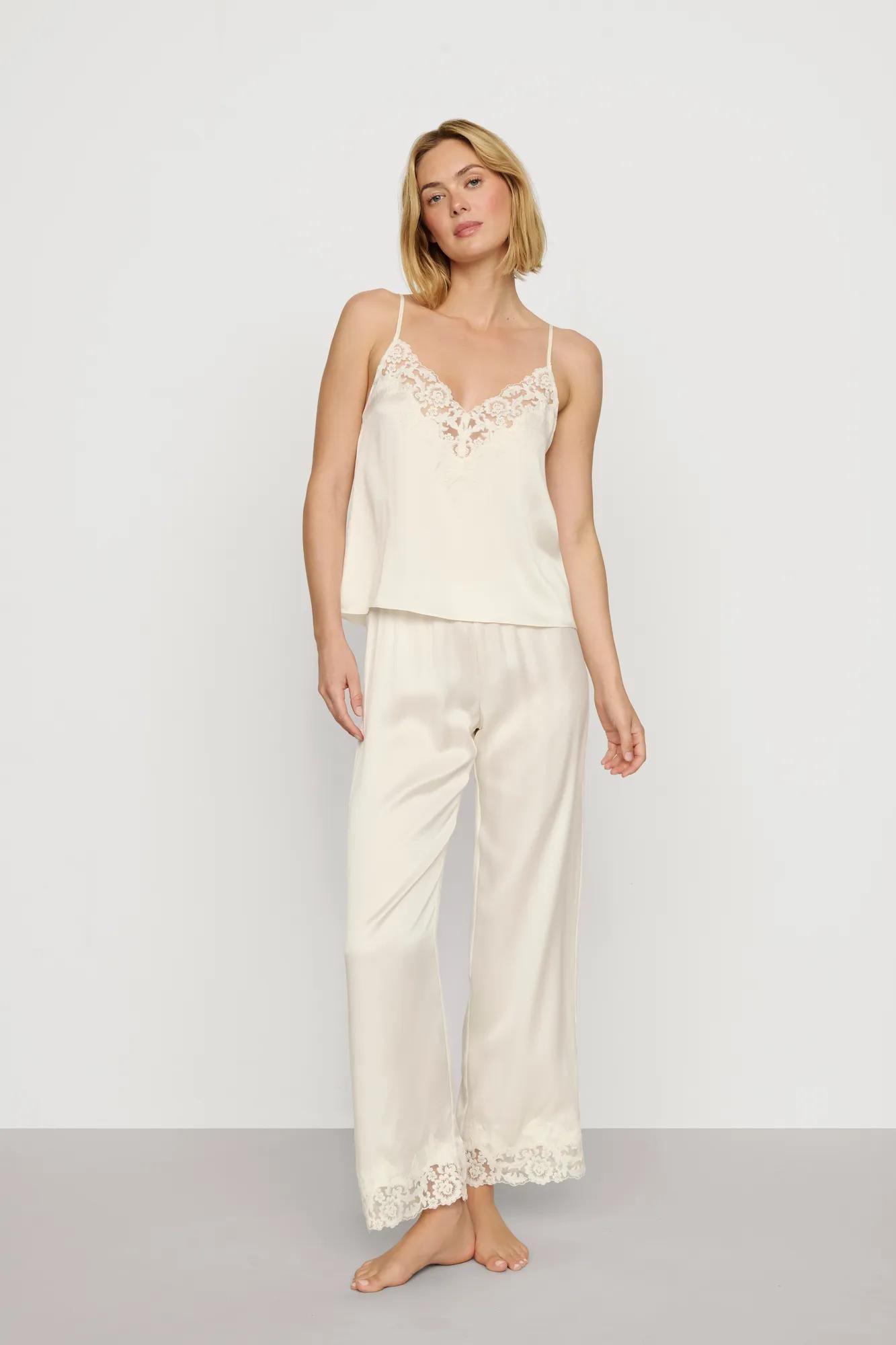 Model is wearing Washable Silk with Lace Embroidery Cami & Pant PJ Set in Ivory