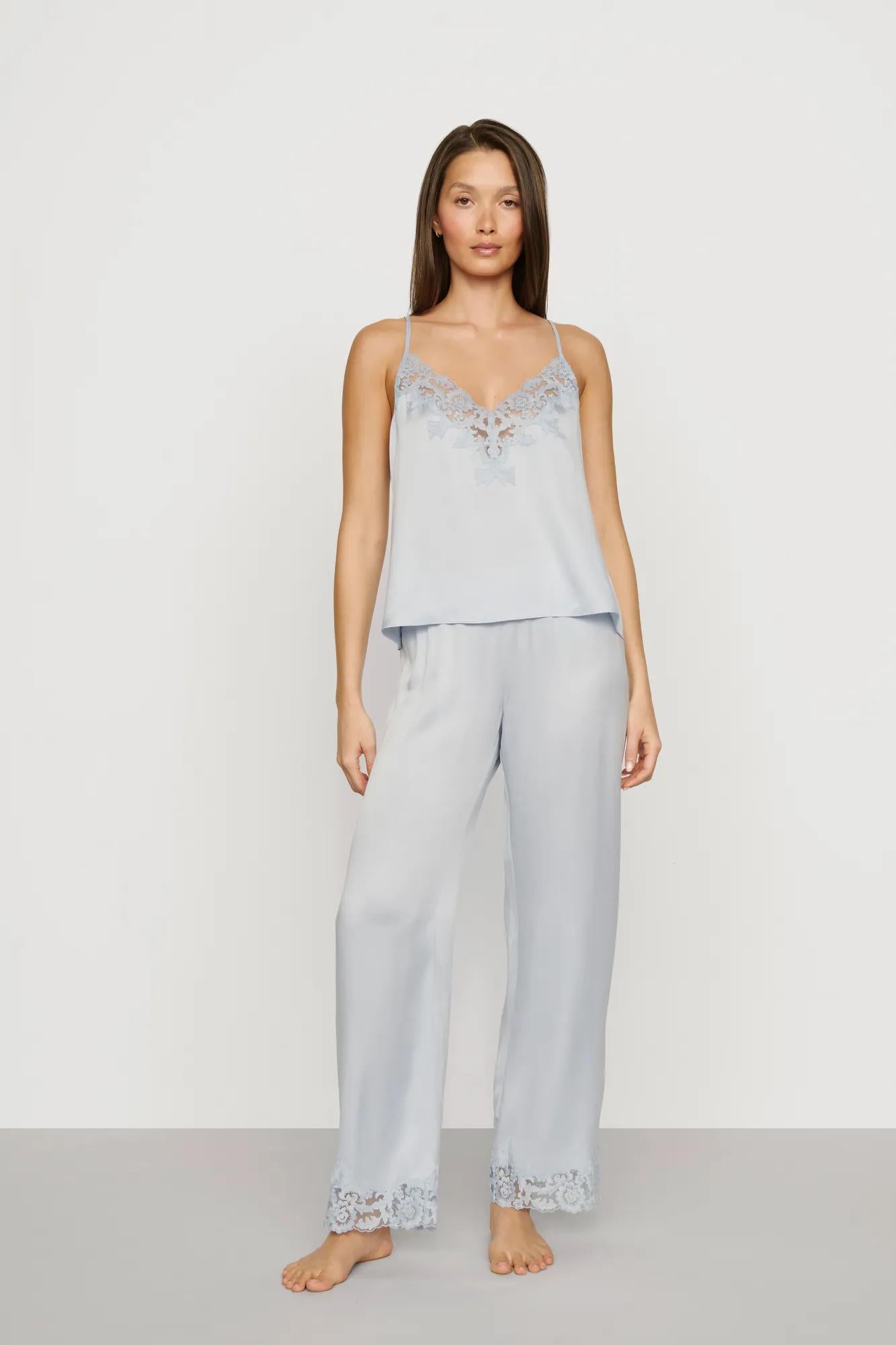 Model is wearing Washable Silk with Lace Embroidery Cami & Pant PJ Set in Powder Blue