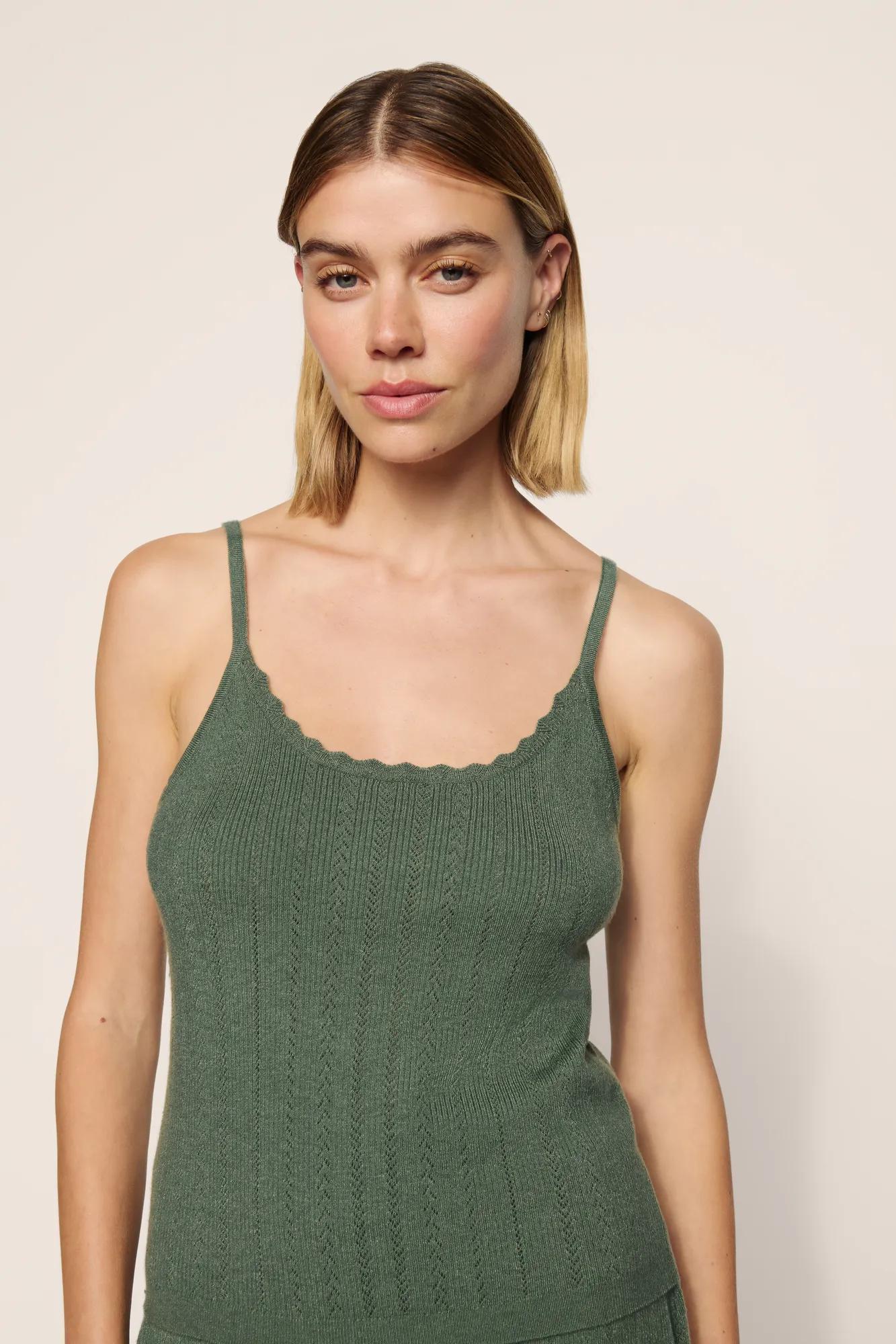 Model is wearing Pointelle Sweater Scoop Neck Cami  in  Desert Sage