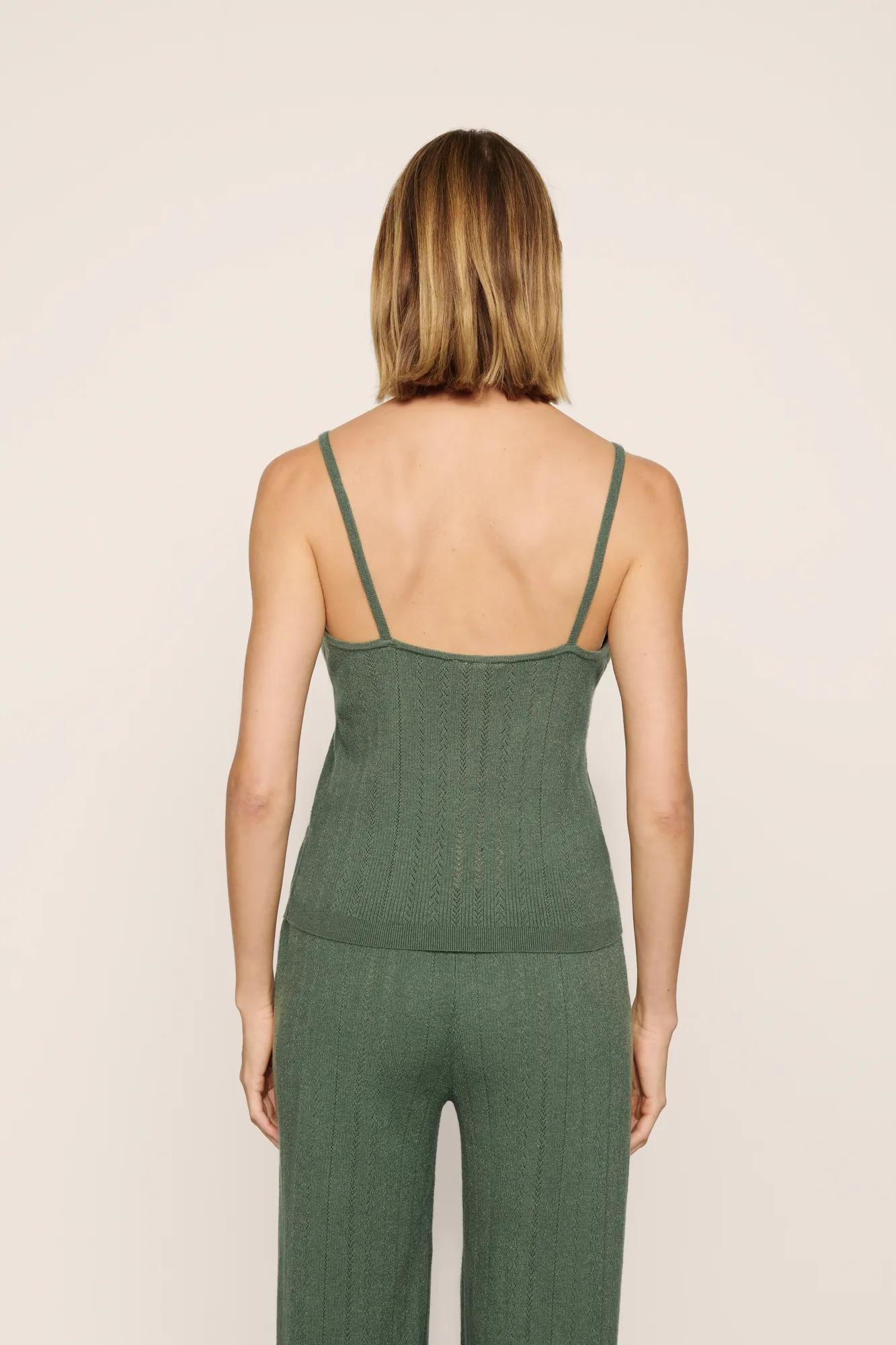 Model is wearing Pointelle Sweater Scoop Neck Cami  in  Desert Sage