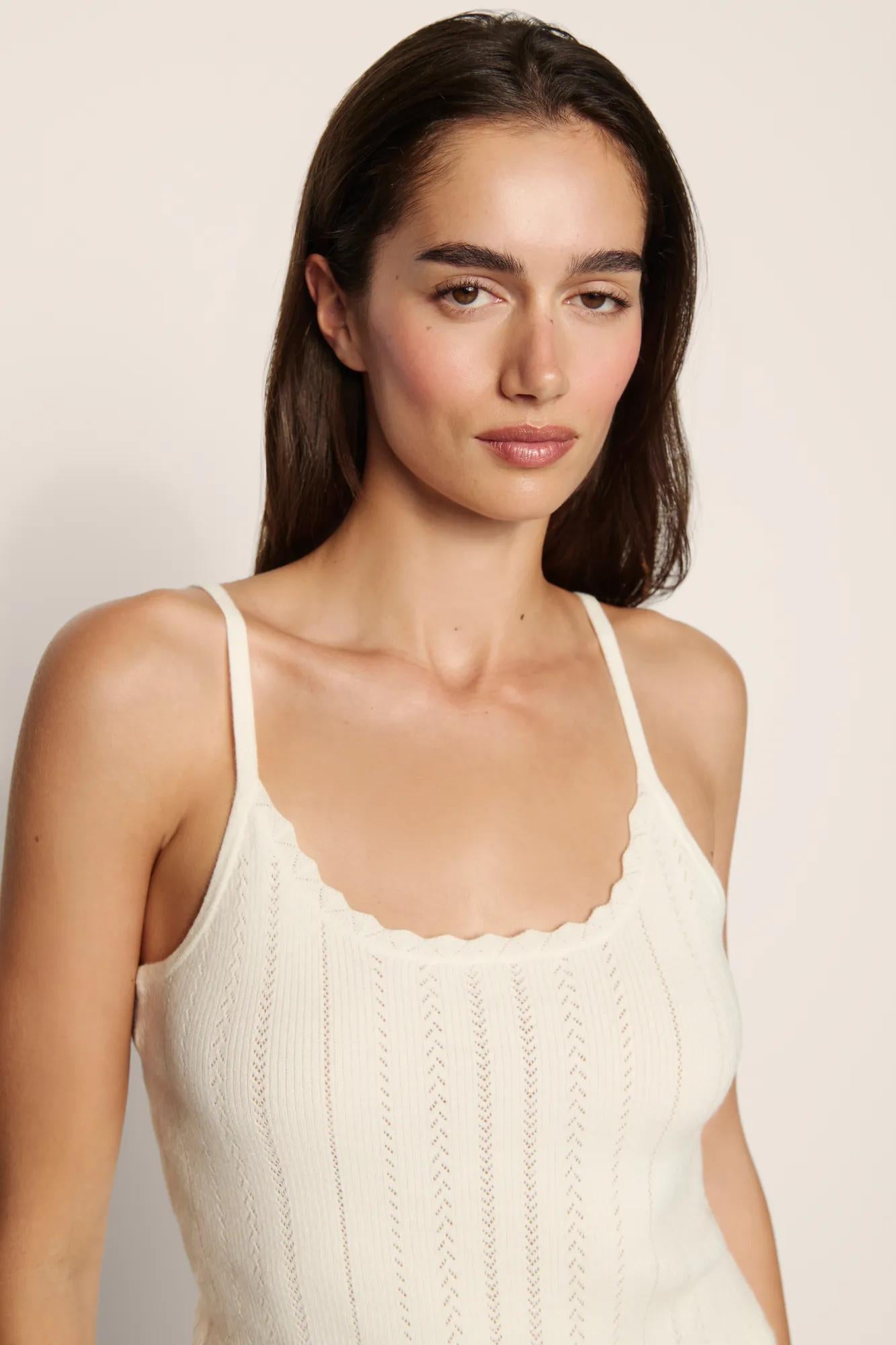 Model is wearing Pointelle Sweater Scoop Neck Cami  in  Ivory