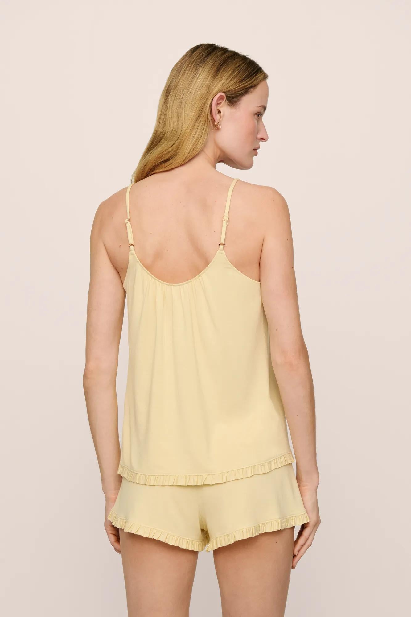 Model is wearing Gisele TENCEL™ Modal Ruffle Cami & Shortie Short Set in  Sunrise