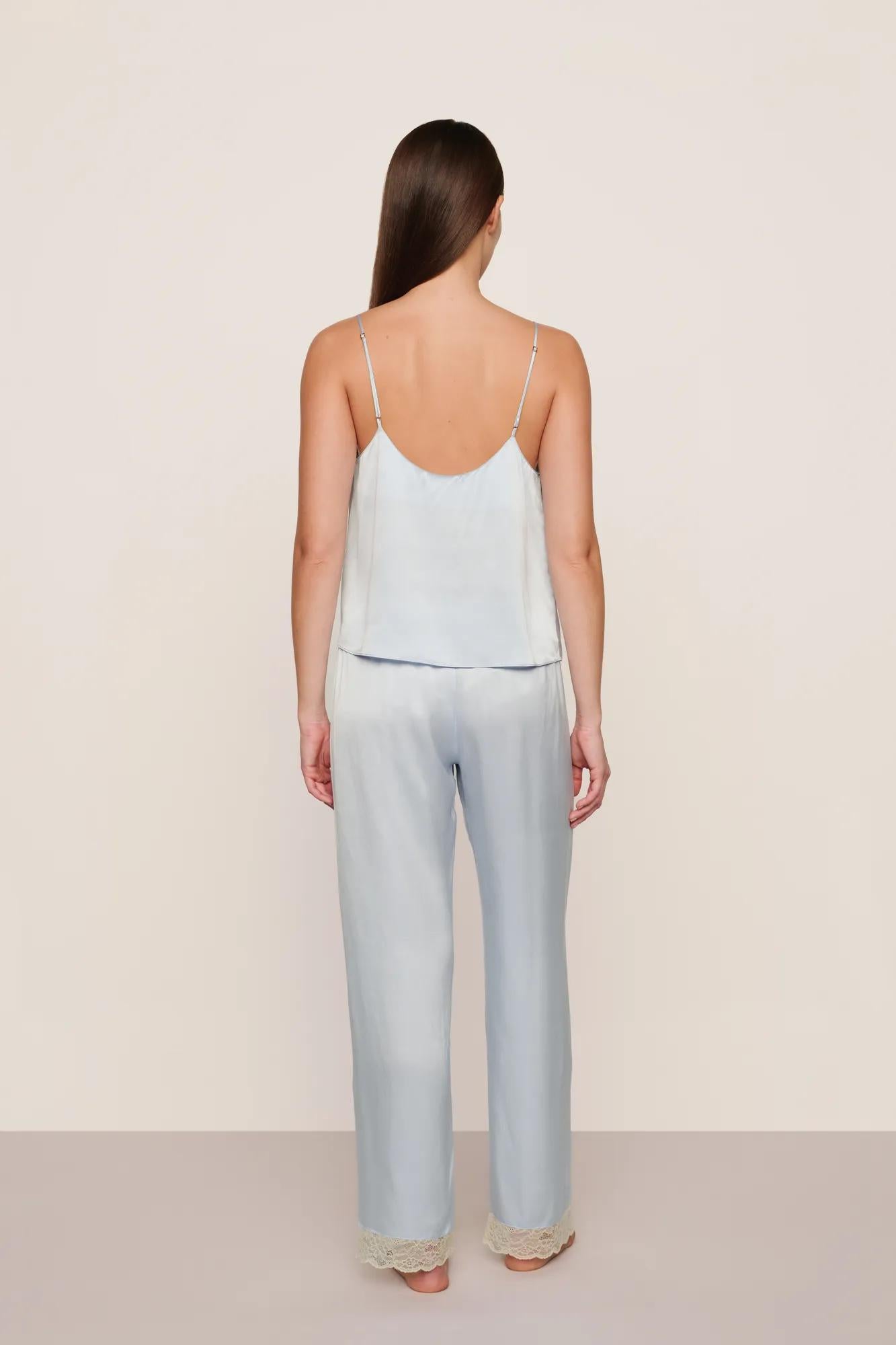Model is wearing Washable Silk Lace Cami & Pant Set  in Powder Blue/Champagne