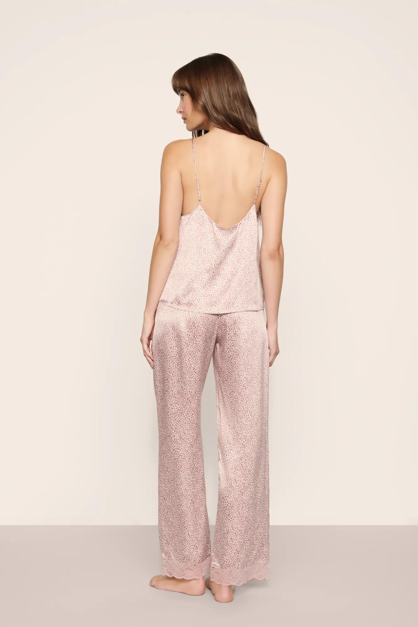 Model is wearing Washable Silk Printed Lace Cami & Pant Set in Animal Instinct Woodrose/Woodr