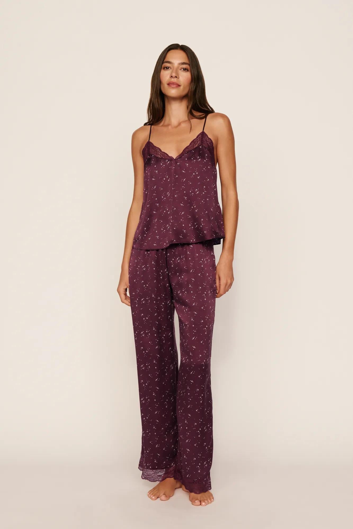 Model is wearing Washable Silk Printed Lace Cami & Pant Set in Starlight Wildberry/Wildberry