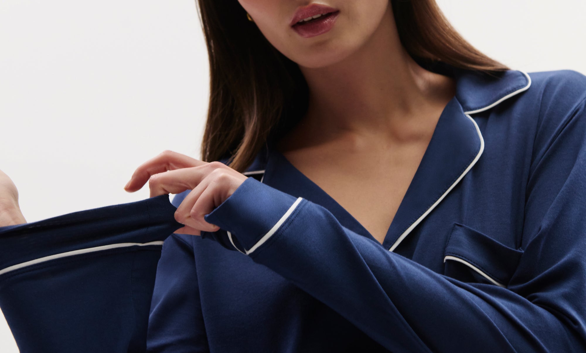 Model wearing Gisele TENCEL Modal Long PJ Set in Navy/Ivory