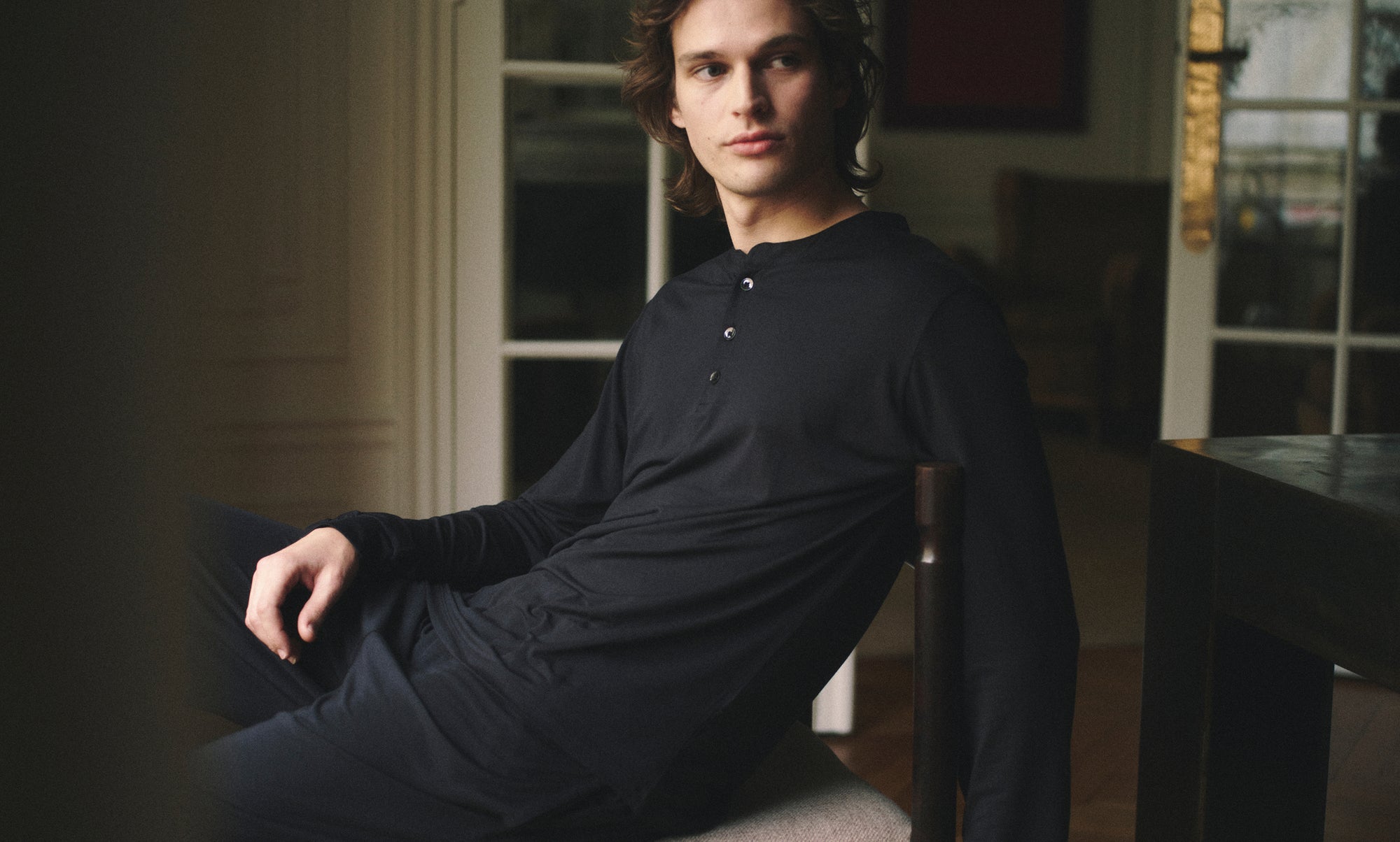 Model wearing Henry TENCEL Modal Long PJ Set In black
