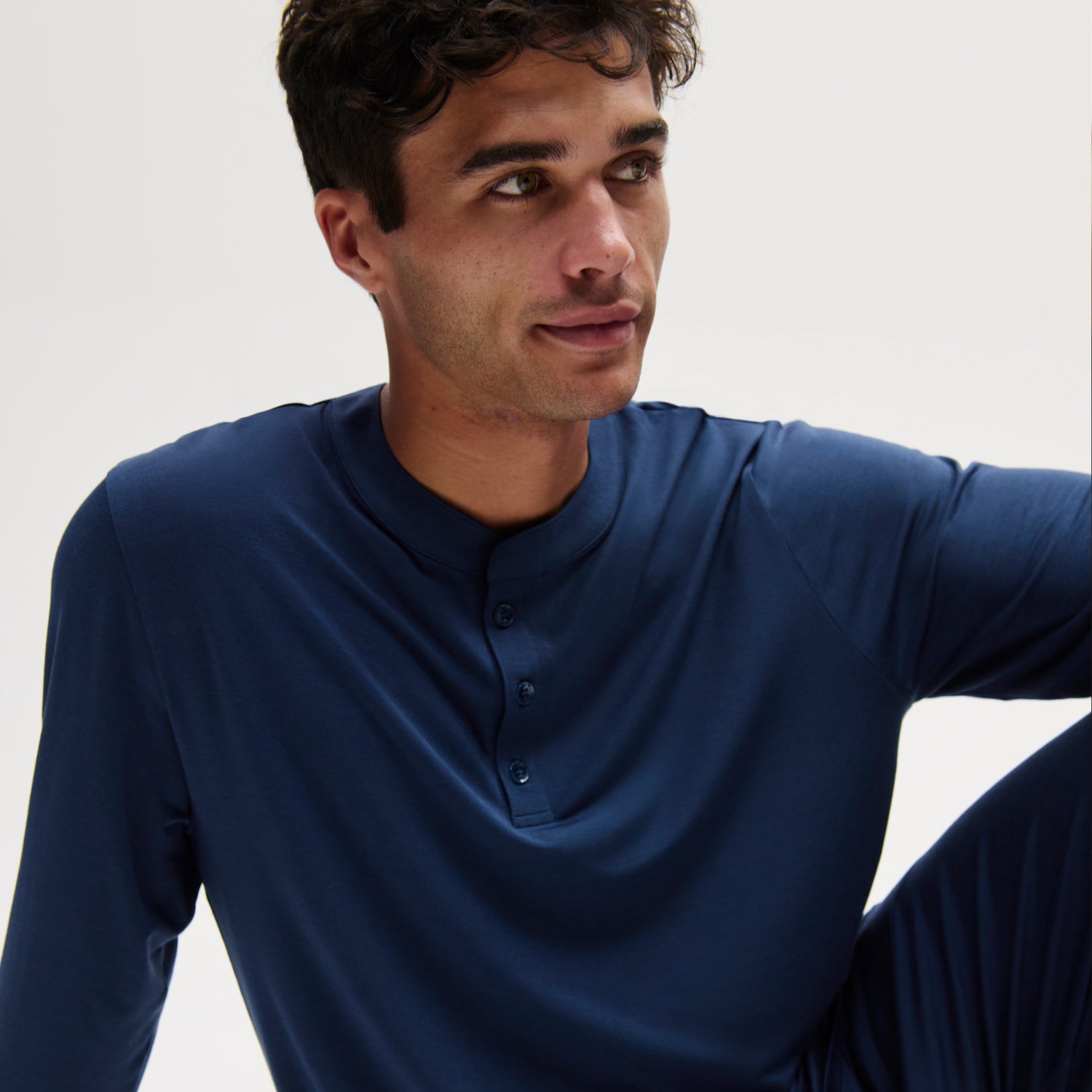 Model is wearing Henry TENCEL™ Modal Long PJ Set in Navy