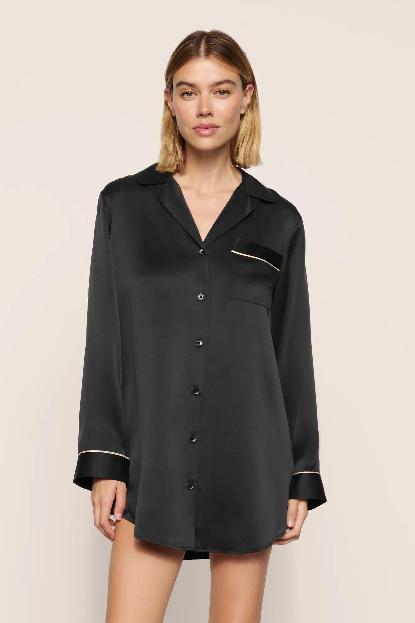 Model is wearing Inez Washable Silk Sleepshirt in Black/Champagne