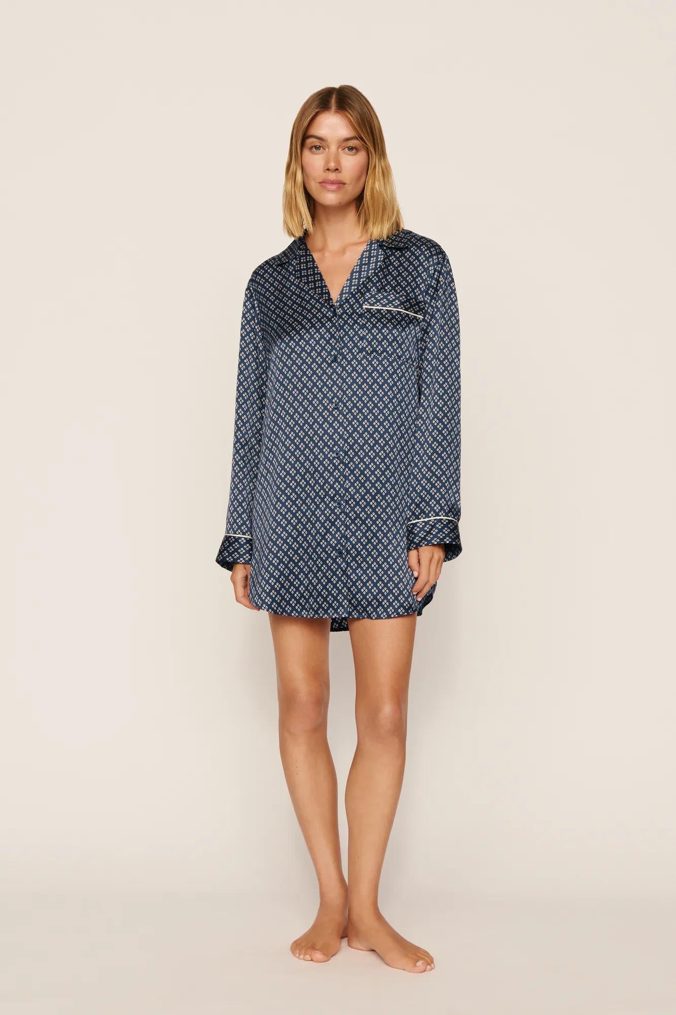 Model is wearing Inez Washable Silk Printed Sleepshirt in Petite Batik Indigo/Bone