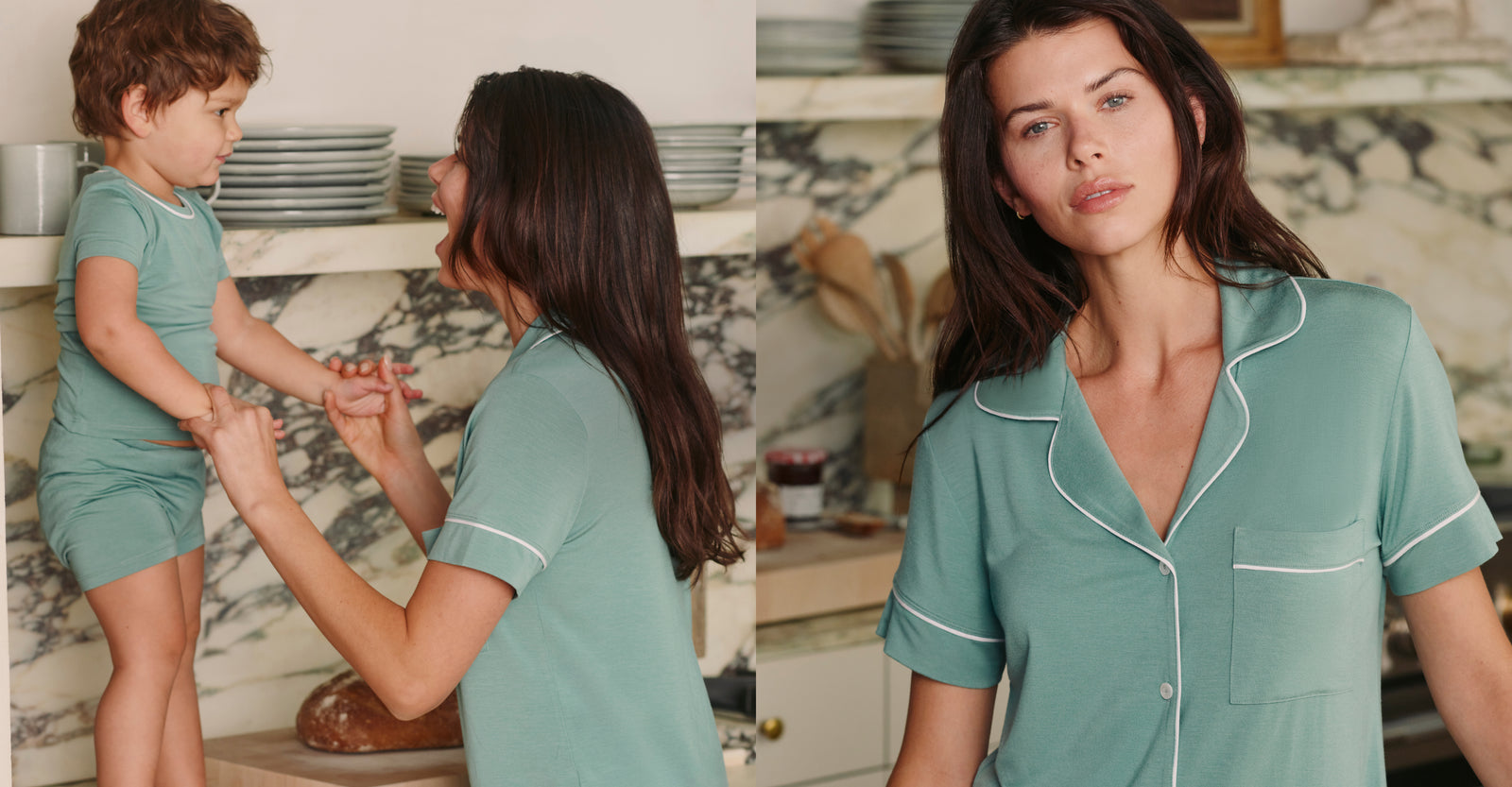 Family wearing TENCEL PJs in Seagrass/White