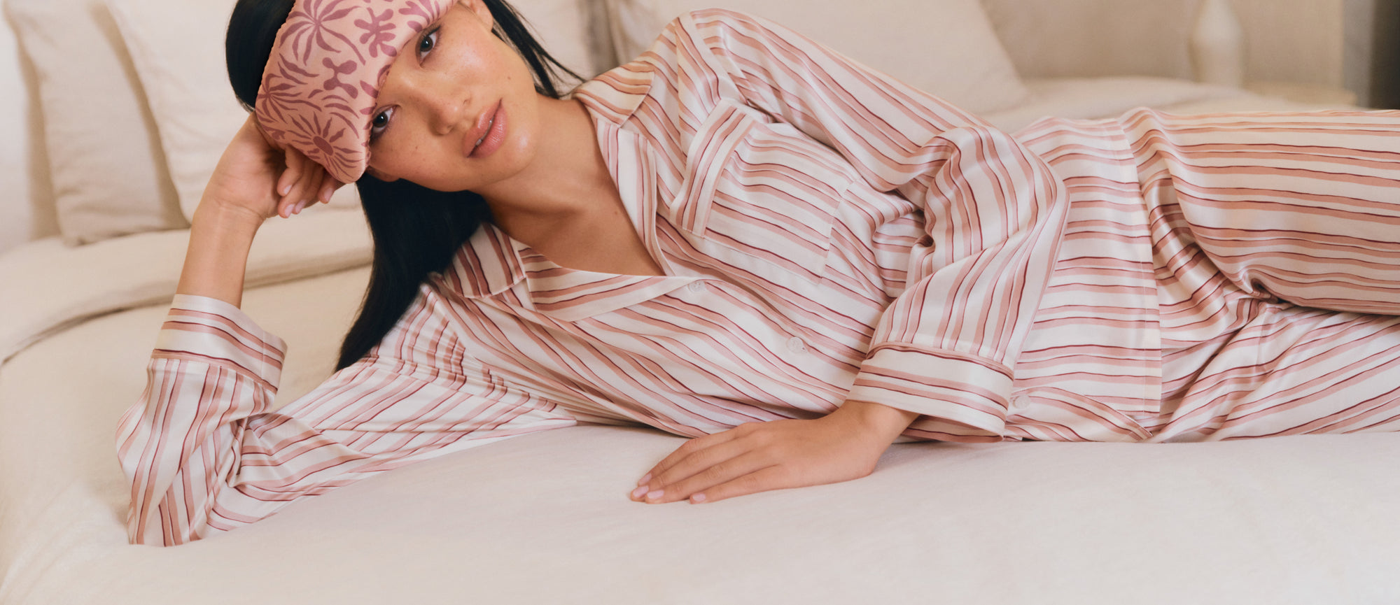 Model is wearing Inez Washable Silk Printed Long PJ Set in Brushstroke Misty Rose/Misty Rose