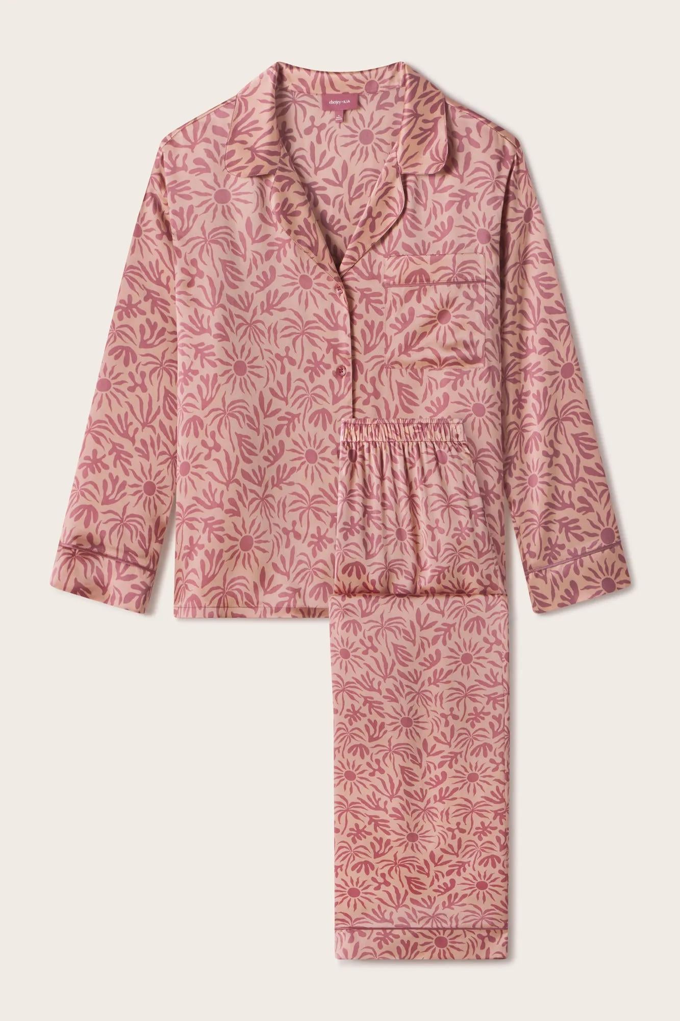 Minez Washable Silk Printed Long PJ Set in Bloomscape Misty Rose/Mesa Rose