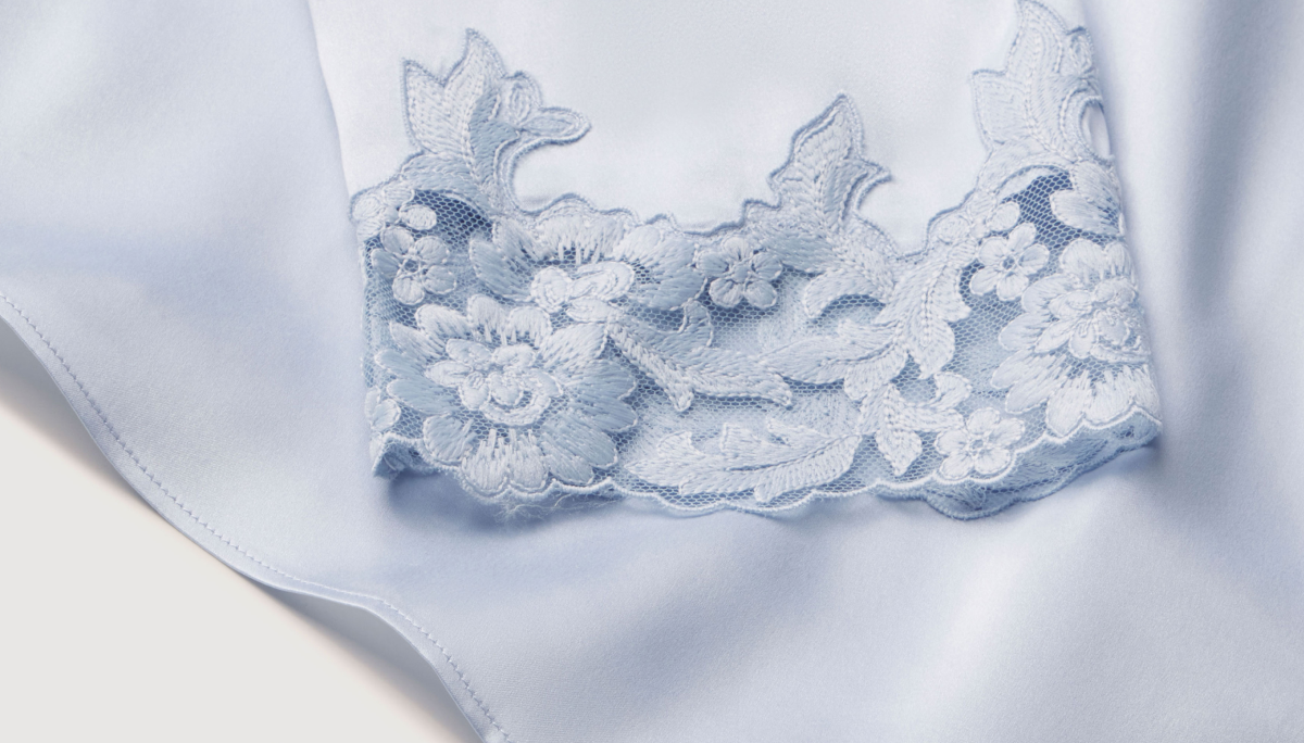 image of Washable Silk with Lace Embroidery Cami & Pant PJ Set in Powder Blue
