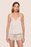 Model is wearing Washable Silk Printed Lace Cami & Short Set in Heart to Heart Black/Ivory