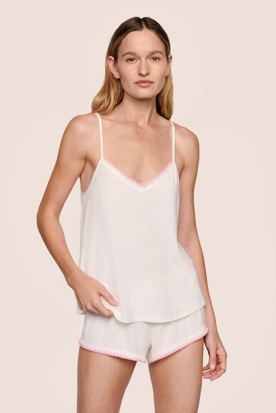 model is wearing Frida TENCEL™ Modal Cami & Shortie Short PJ Set in Ivory/Pink nectar