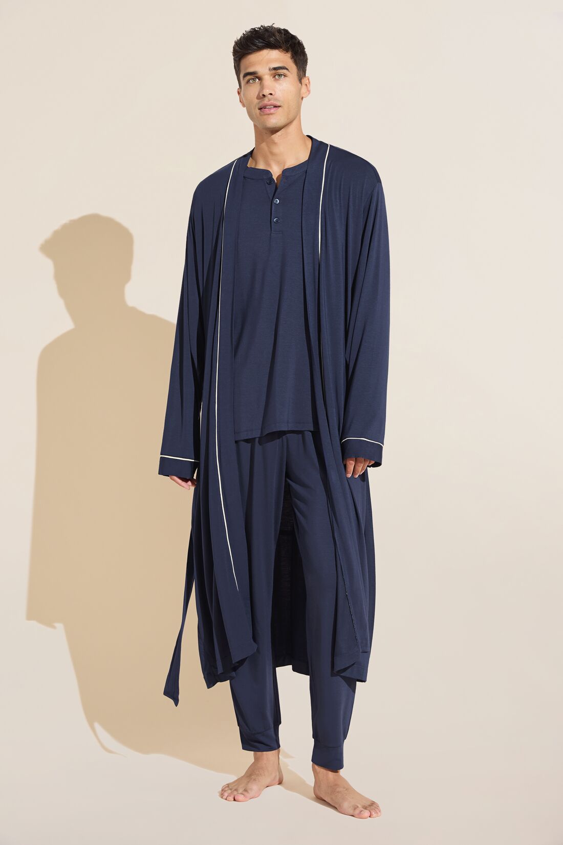 Model wears William TENCEL™ Modal Robe in True Navy/Ivory.