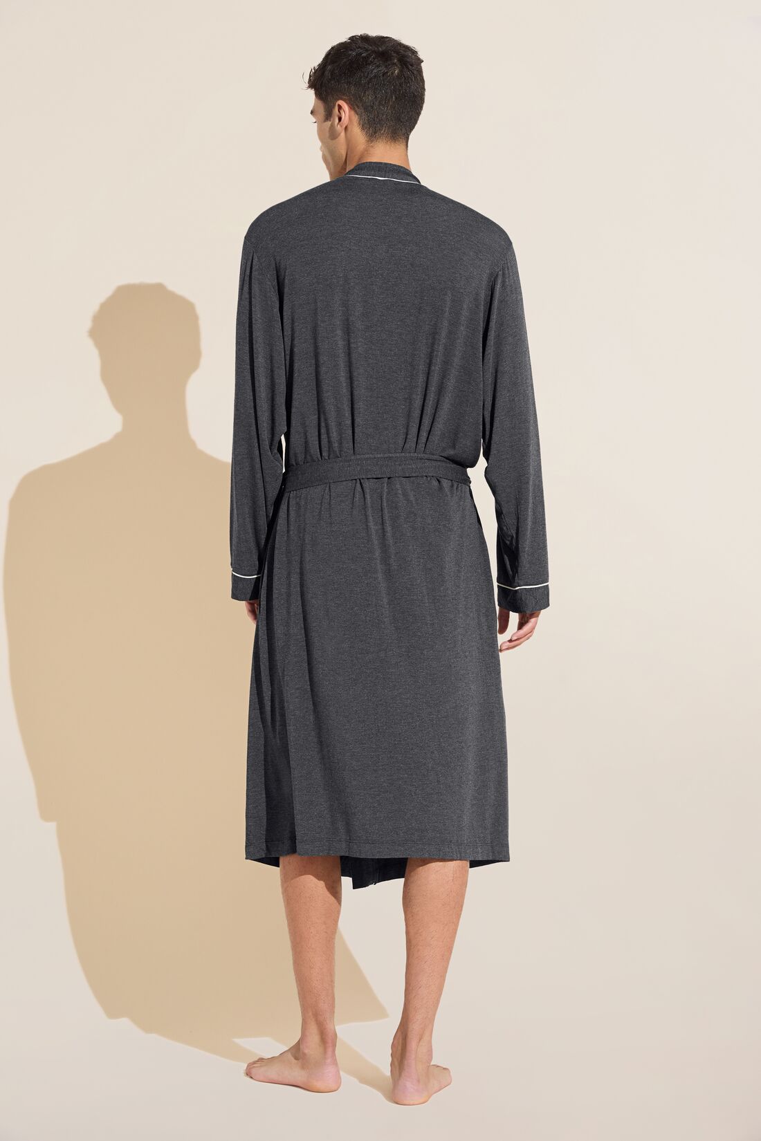Model wears William TENCEL™ Modal Robe in Charcoal Heather/Ivory.