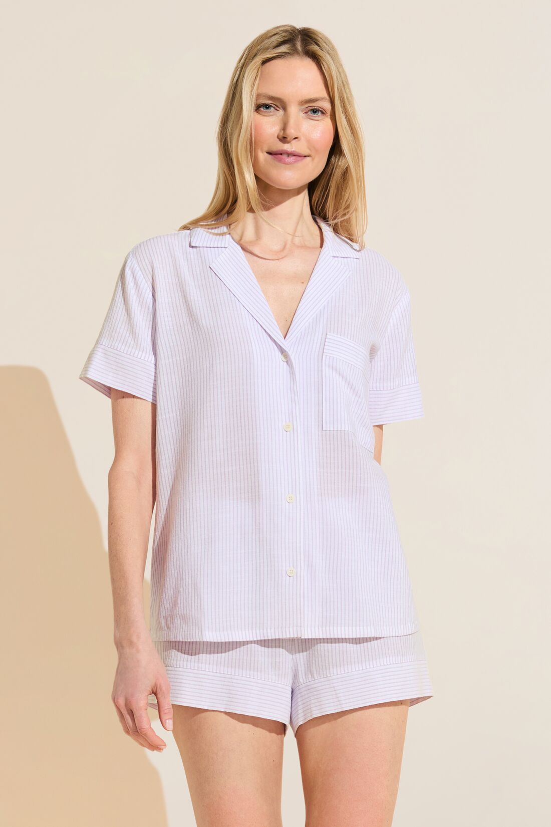 Model wears Nautico Shortie Short PJ Set in White/Lavender.