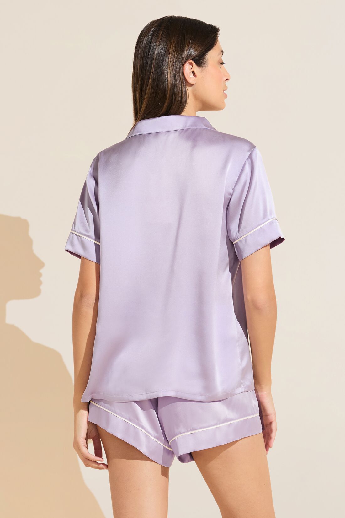Model wears Inez Washable Silk Short PJ Set in Orchid Petal/Ivory.