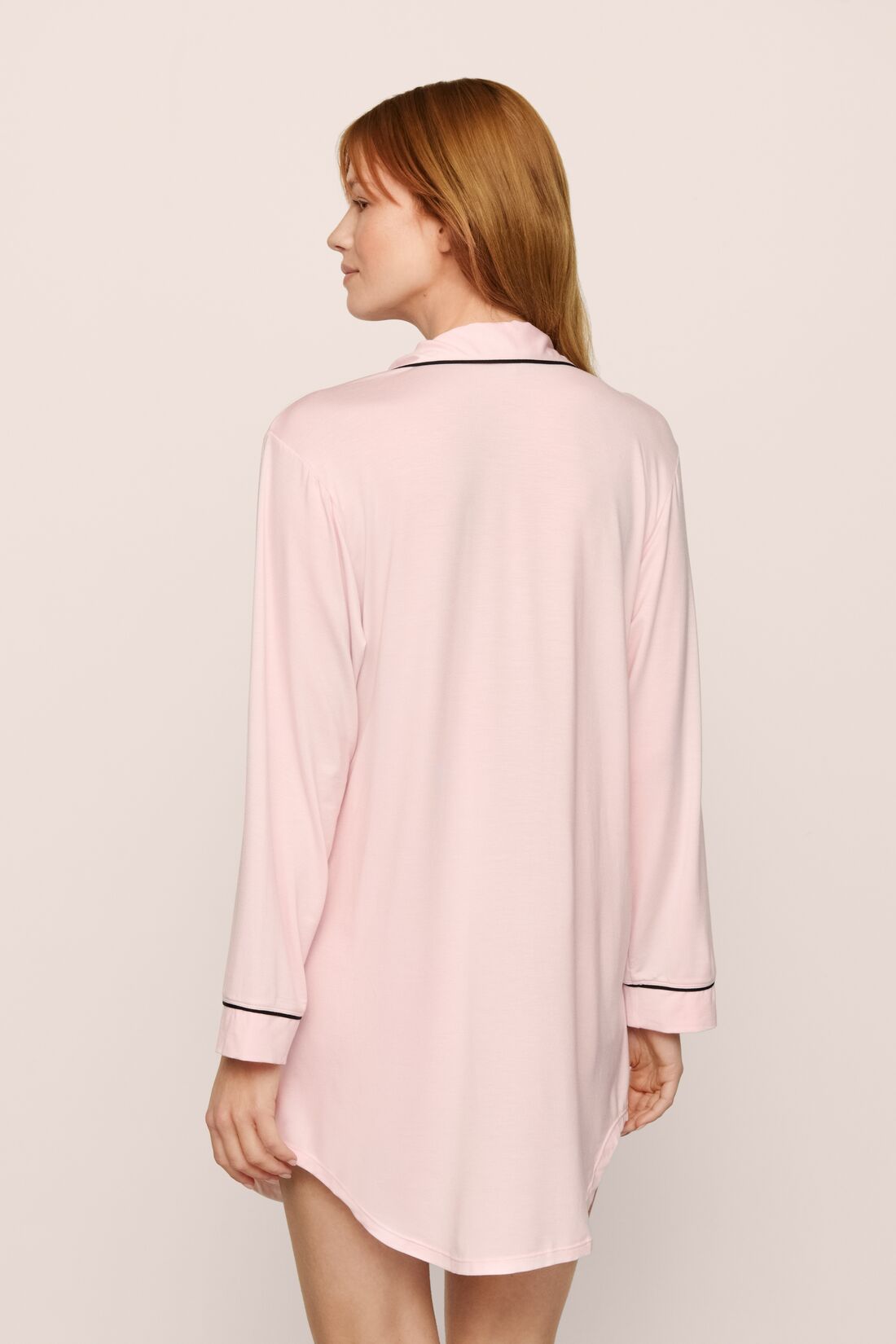 Model is wearing Gisele TENCEL™ Modal Sleepshirt in Sorbet Pink/Black