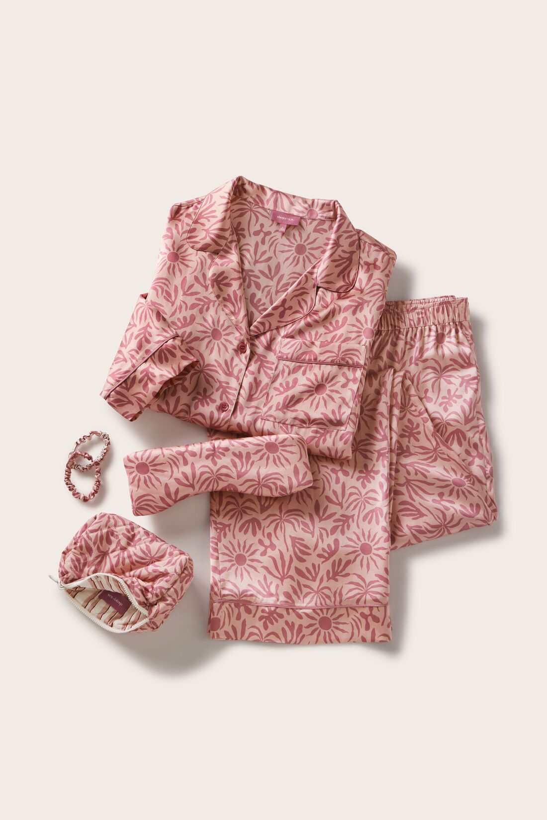 Image of  Inez Washable Silk Printed Long PJ Set in Bloomscape Misty Rose/Mesa Rose, Eye mask in Bloomscape Misty Rose/Mesa Rose adn reversible pouch