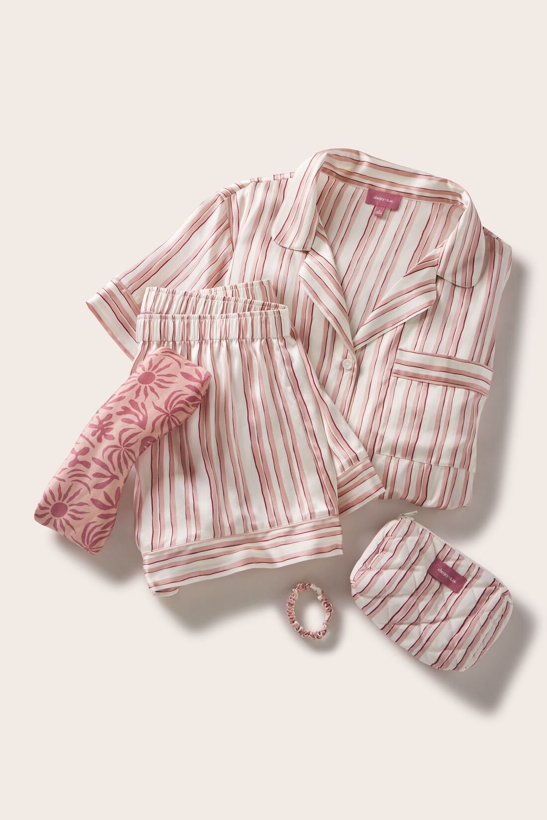 Image of  Inez Washable Silk Printed Short PJ Set in Brushstroke Misty Rose/Misty Rose, Eye Mask in Bloomscape Misty Rose/Mesa Rose and Reversible pouch