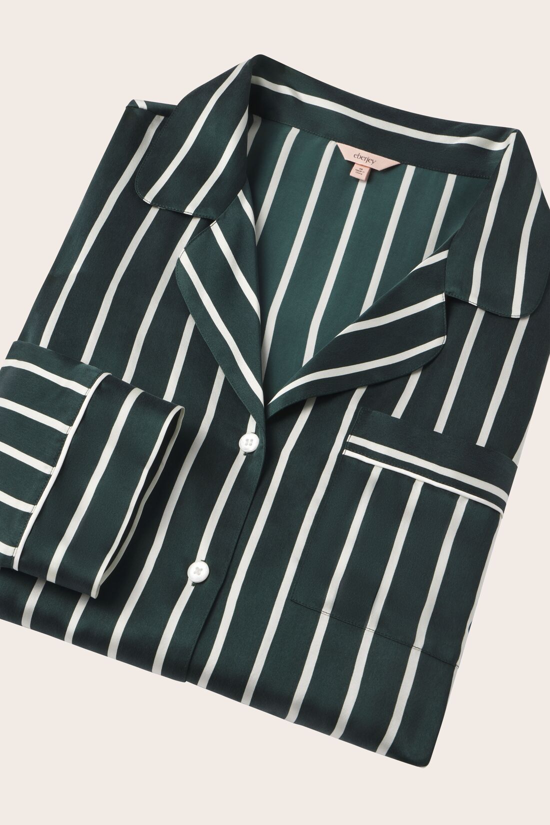 Image of Inez Washable Silk Printed Long PJ Set  in Classic Stripe Pine/Ivory