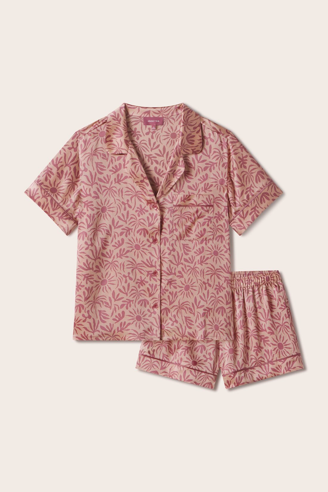 Image of Inez Washable Silk Printed Short PJ Set in Bloomscape Misty Rose/Mesa Rose