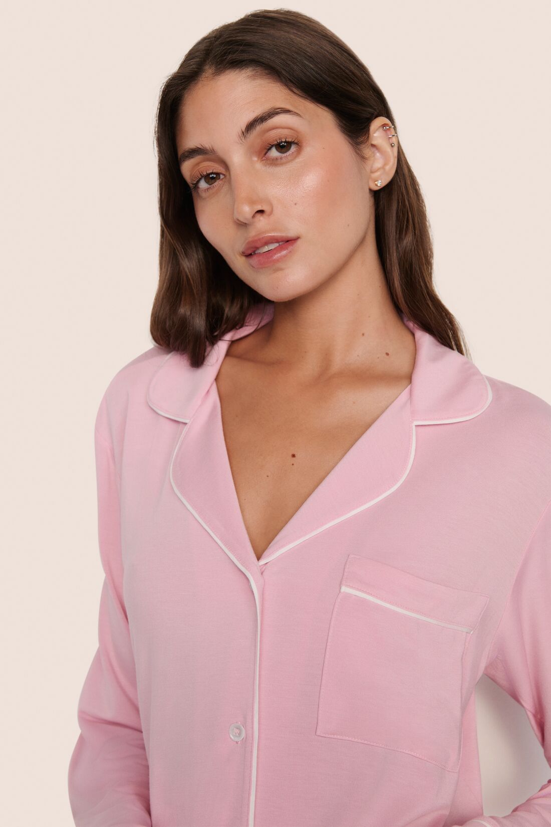 Model is wearing Gisele TENCEL™ Modal Long PJ Set  in Pink Nectar/Ivory