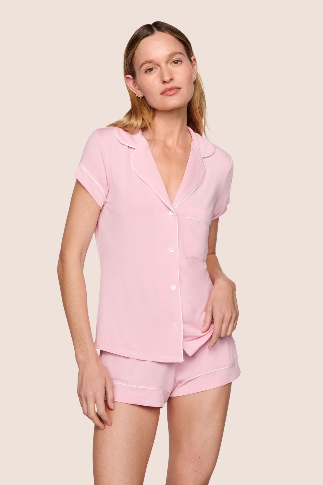 Model is wearing Gisele TENCEL™ Modal Shortie Short PJ Set  in Pink Nectar/Ivory