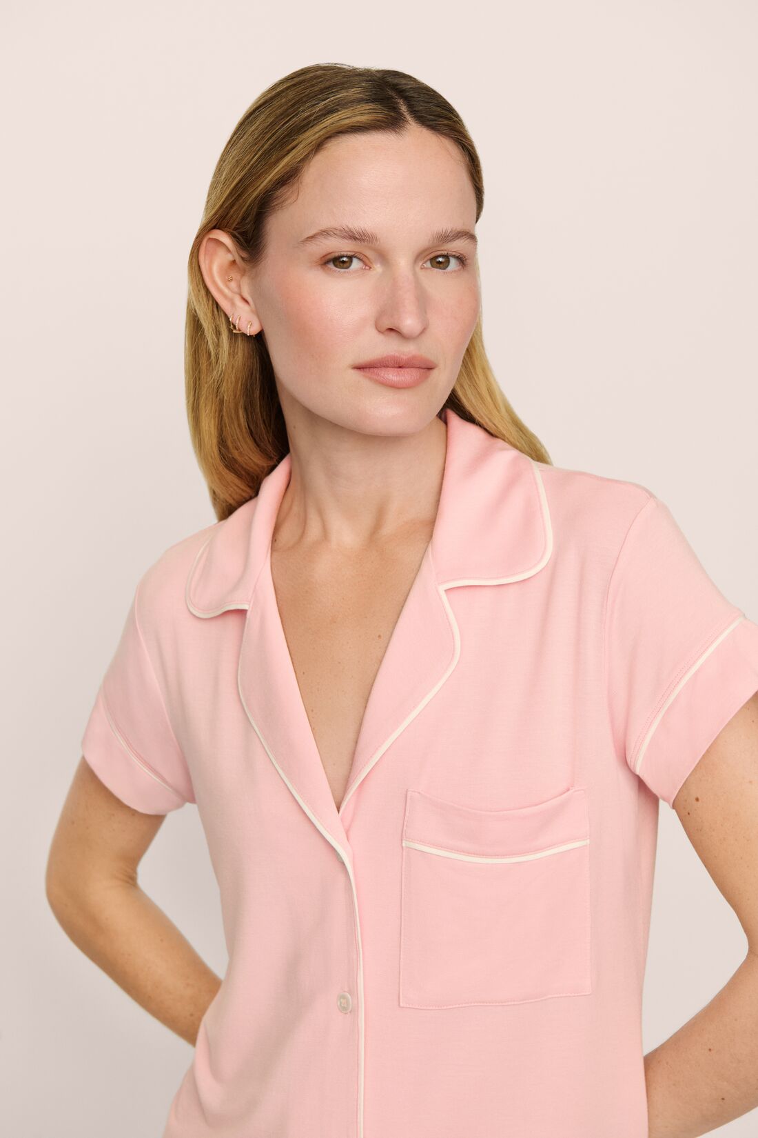 Model is wearing the Gisele TENCEL™ Modal Shortie Short PJ Set in Silver Pink/Ivory