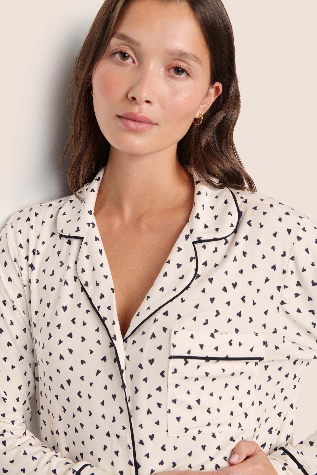 Model is wearing Gisele Printed TENCEL™ Modal Long PJ Set  in Heart To Heart Black/Blk