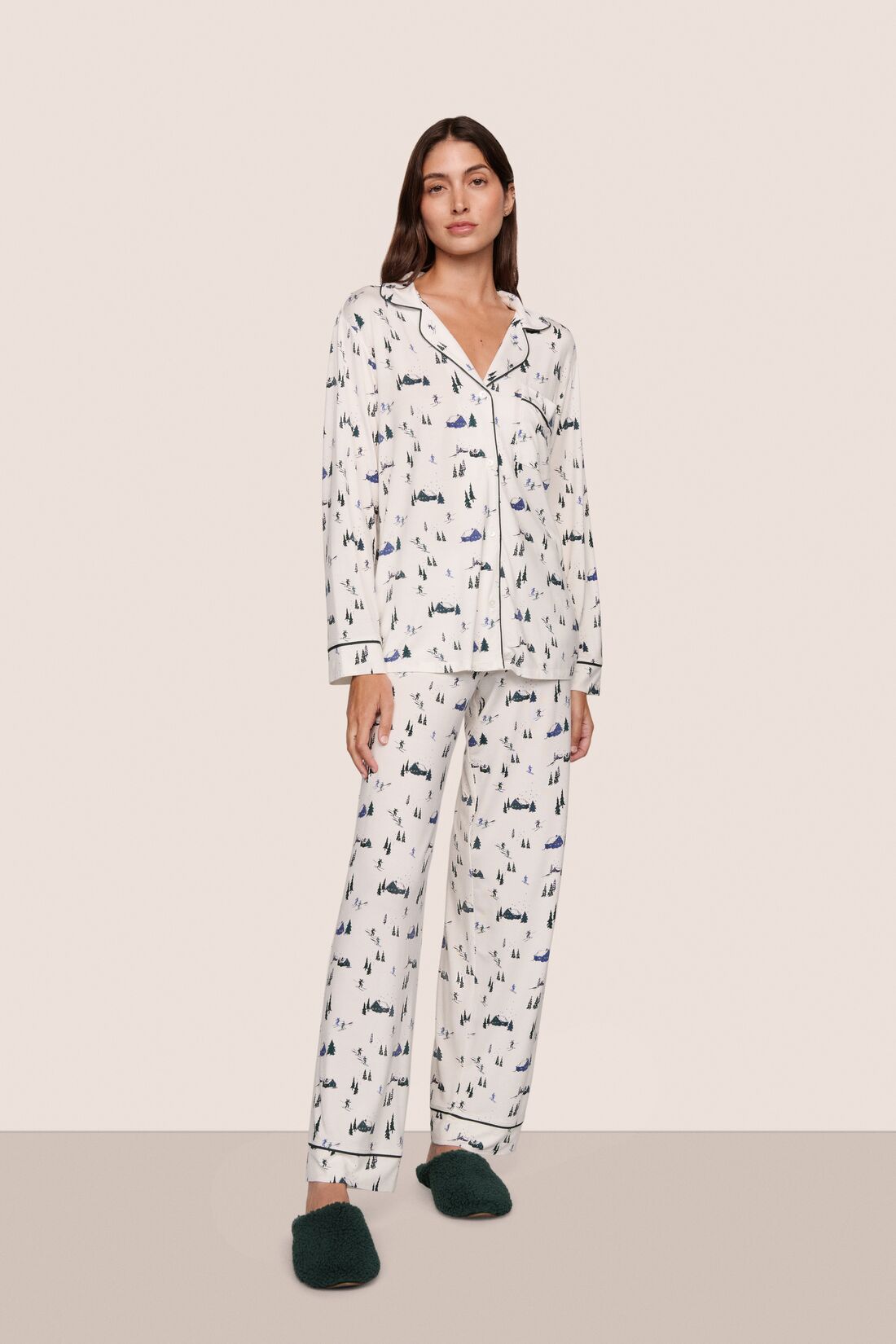 Model is wearing Gisele Printed TENCEL™ Modal Long PJ Set  in Ski Chalet Ivory/Pine