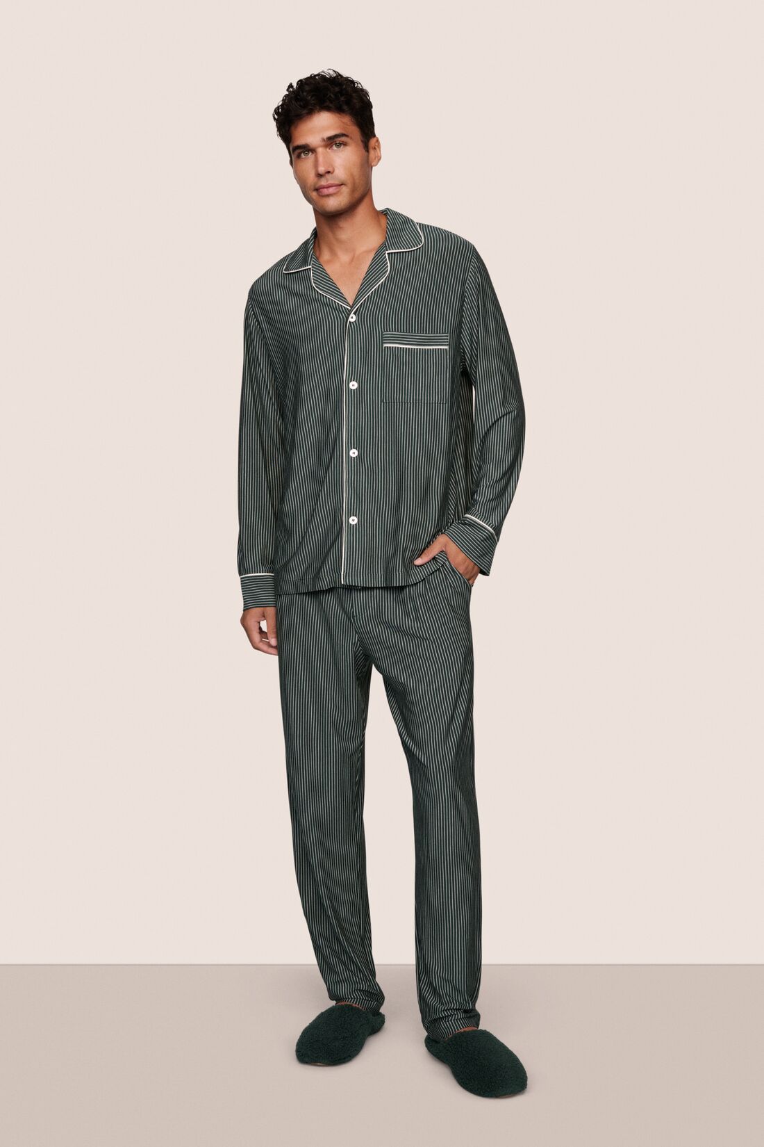 Model is wearing William Printed TENCEL™ Modal Long PJ Set  in Duo Stripe Pine/Ivory
