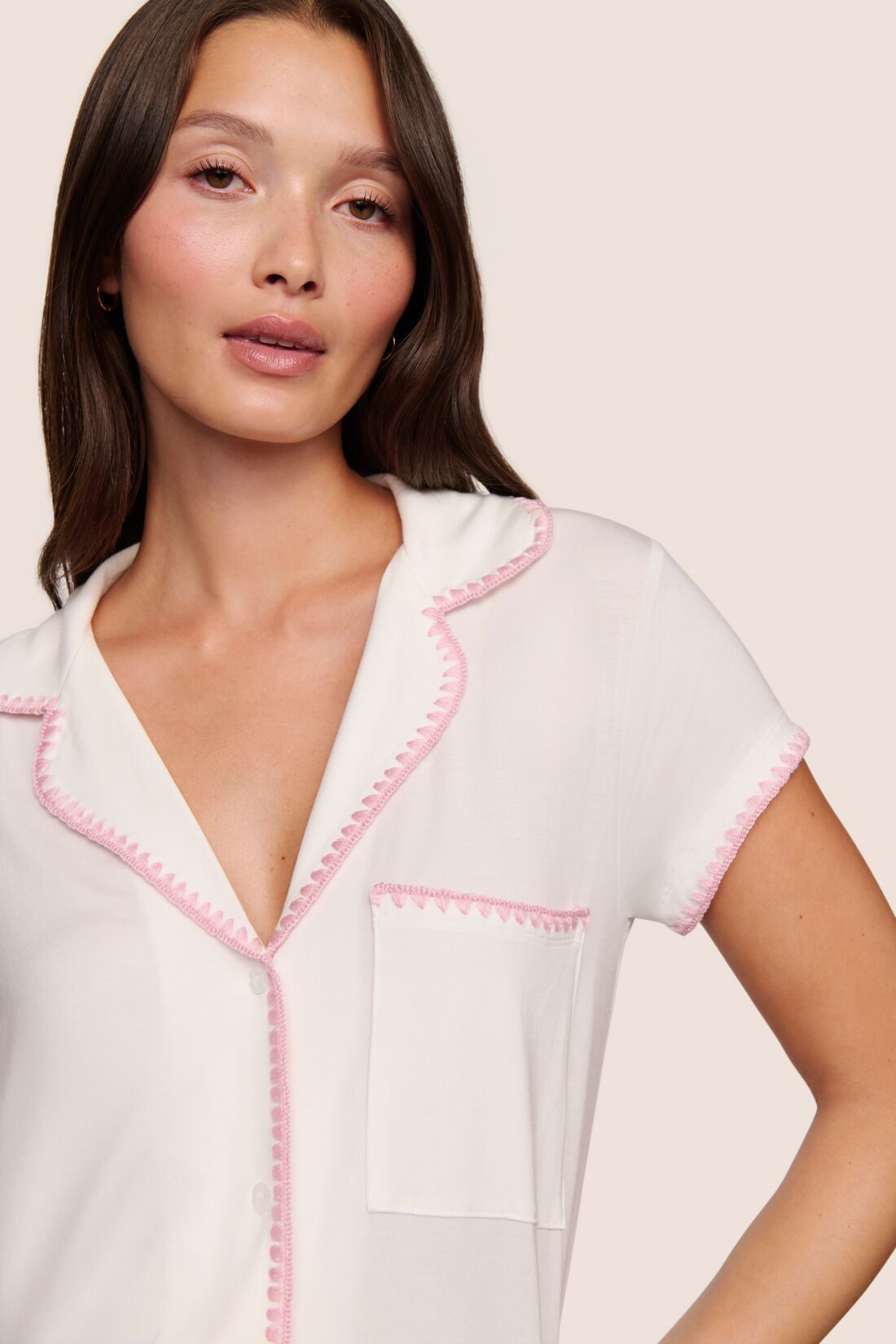 Model is wearing Frida TENCEL™ Modal Shortie Short PJ Set  in Ivory/Pink Nectar
